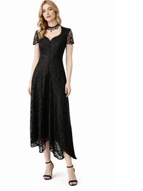 Vintage Whimsigoth Steampunk Algo Black Lace Midi Dress